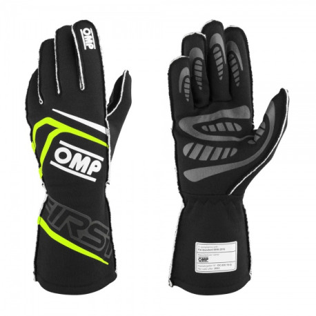 Rukavice FIA trkaće rukavice OMP FIRST (vanjsko šivanje), crna/fluo žuta | race-shop.hr