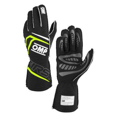 Rukavice FIA trkaće rukavice OMP FIRST (vanjsko šivanje), crna/fluo žuta | race-shop.hr